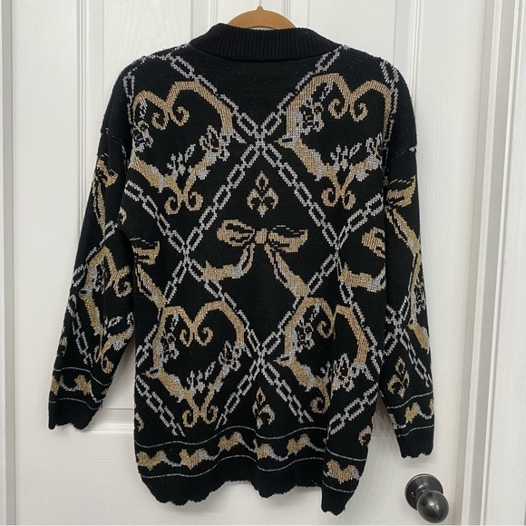 Vintage Dana Scott Metallic Bow Heart Sweater Medium Black Gold Silver - Picture 2 of 9